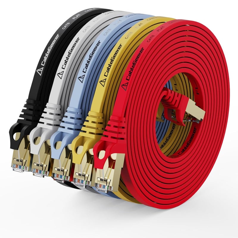 CableGeeker Cat 8 Ethernet Cable 15FT 5 Pack Multi Color, 40Gbps 2000Mhz High Speed LAN Network Cable Gigabit Cat8 Patch Cables, Professional RJ45 Flat Internet Cable for Modem/Router/PC/PS5/Xbox - Image 1